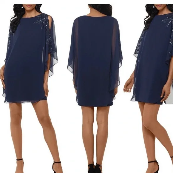 NWT XScape Chiffon Overlay Beaded Sleeve Cocktail Dress Size 16 Navy - Picture 1 of 11